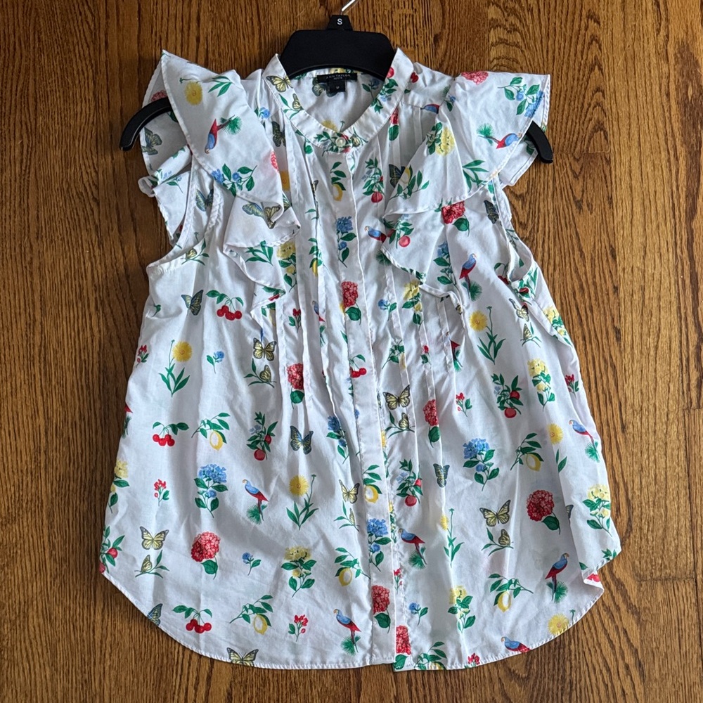 Ann Taylor Garden Print Ruffle Sleeve Button-Up Top